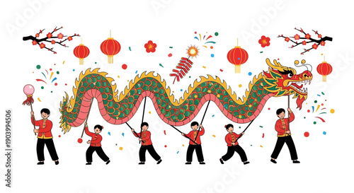 Dragon Dance Performance with Red Costumes.