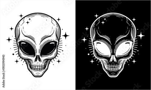 Alien Skull Illustration with Glowing Eyes and Starry Aura.
