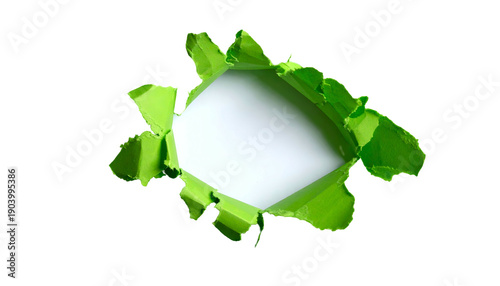 Bright green paper torn to reveal a white void against a black background