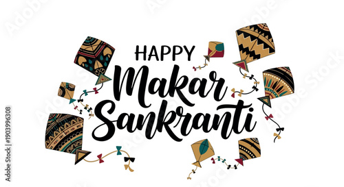 Graphic design celebrating Makar Sankranti with colorful kites and string on a white background.