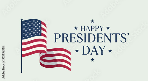 Graphic illustration of a waving American flag with Happy Presidents' Day text on a light green background with blue stars.