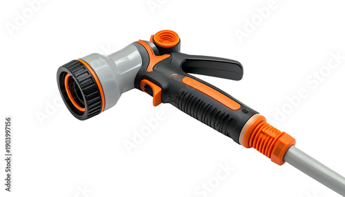 A close-up of a gray, black, and orange garden hose nozzle with attached hose