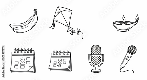 A minimalist line art illustration set featuring a banana, kite, bowl with candle, calendar, microphone, and a musical instrument on a plain white background with a simple and organized