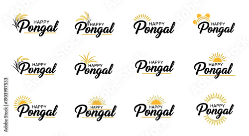 Collection of various Pongal festival logos with sun motifs on a white background.