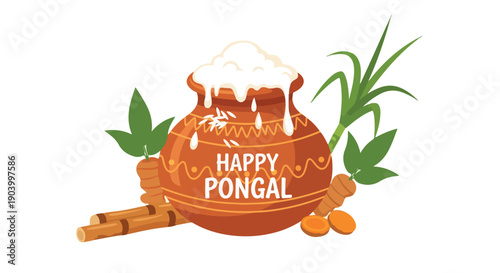 Digital illustration of a traditional Indian Pongal clay pot with 'HAPPY PONGAL' text surrounded by green leaves and nuts on a white background.