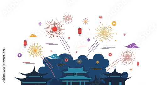 Chinese Temple with Fireworks and Lanterns.