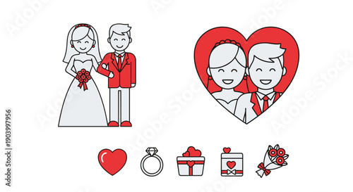 Wedding Couple Illustration with Heart Symbols.