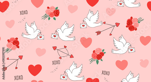 White doves with arrows and roses pattern.