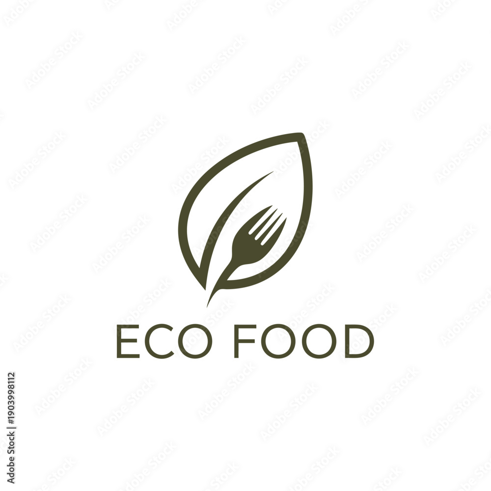 Fototapeta premium Eco Food Logo Design with Leaf and Fork Symbol.