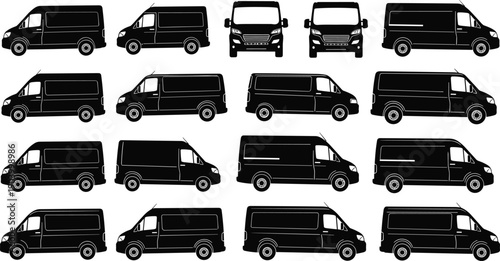 Black silhouette collection of commercial delivery vans from various angles including side and front view for transport and logistics industry.