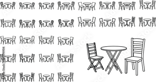 Black outline set of wooden cafe tables and chairs, bistro furniture design, vector illustration isolated on white background.