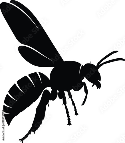 Black wasp silhouette vector illustration, isolated hornet or honey bee insect icon, stinging pest design element on white background.