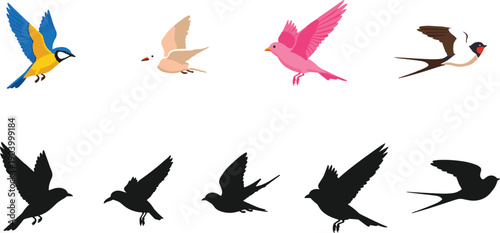 Collection of flying garden birds, colorful flat silhouettes of sparrow and tit, isolated vector illustration, wild songbird nature design elements.