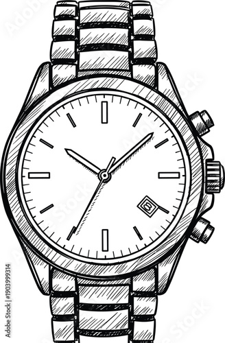 Hand drawn wristwatch sketch, classic male metal strap watch illustration, isolated time accessory vector for business and luxury design projects.
