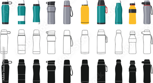 Reusable water bottles collection, flat color outline and silhouette styles, isolated vector illustration, sport flask design, eco hydration container.