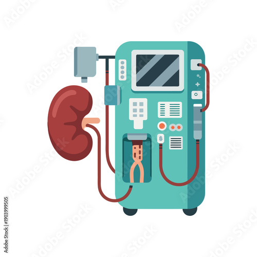 A medical illustration of a kidney dialysis machine with a kidney and tubes