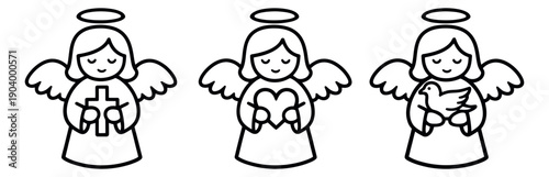 Line art angel set featuring a cross, a heart, and a dove for spiritual and religious concepts