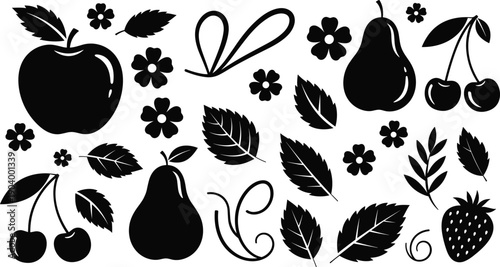 Black silhouette collection of mixed garden fruits featuring apple, pear, cherry, strawberry, leaves and flowers isolated on white background icons