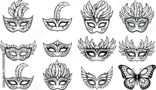 Black silhouette collection of twelve ornate Mardi Gras masquerade masks and a butterfly isolated on white background for carnival party design.