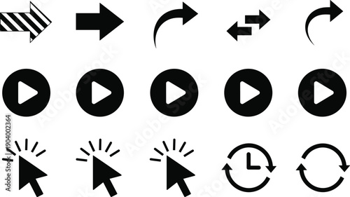 Black silhouette icons of arrows play buttons cursor pointers and refresh symbols for web design user interface and mobile app navigation.
