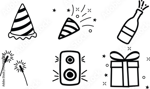 Black and white celebration icons set for party events design.