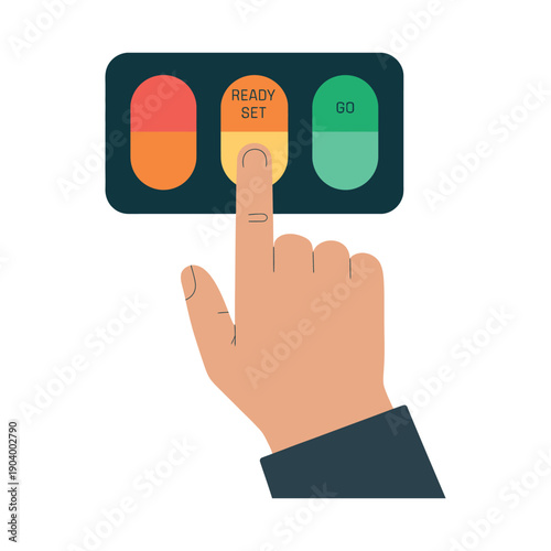 A hand pressing the ready set button on a control panel