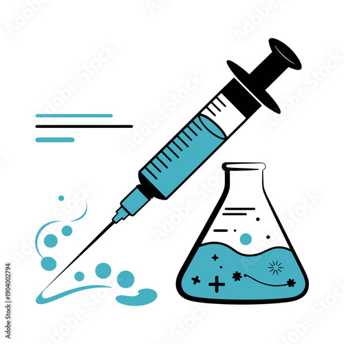 A medical syringe injecting liquid into a beaker in a laboratory setting with a white background.