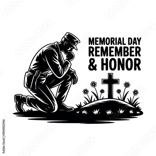 A solemn illustration of a soldier kneeling in respect on Memorial Day beside a grave with a cross.
