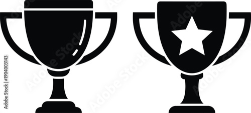 Black silhouette icons of winner trophy cups with star symbol isolated on white background for sports awards and achievement success.