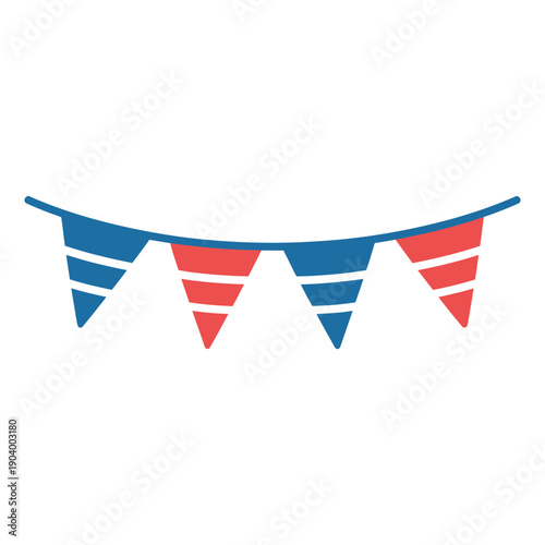 A colorful bunting decoration with blue and red triangular flags hanging on a string against a white background.