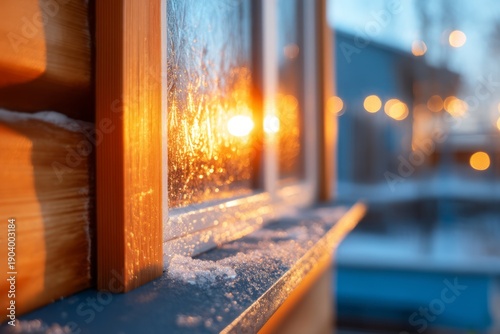 Warm Evening Light on Frosted Window in Arctic Interior During Ramadan Season