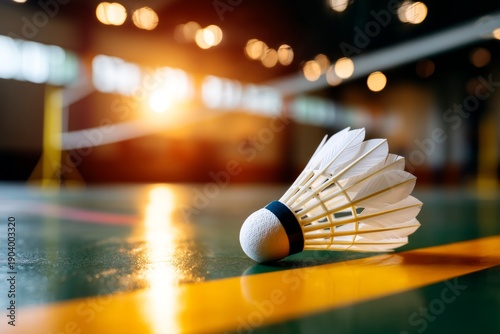 Resting Badminton Shuttlecock on Court Line with Soft Lighting in Background During Match