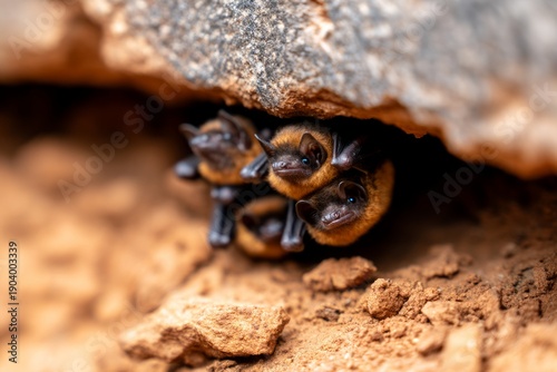 Close-Up of Bats Nestled Under Cave Ceiling with Droppings Accumulated Beneath Opening