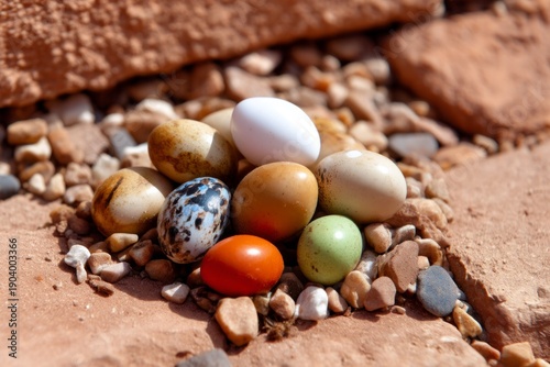 Colorful Bird Eggs Nesting Among Pebbles on a Cliffside in Natural Habitat