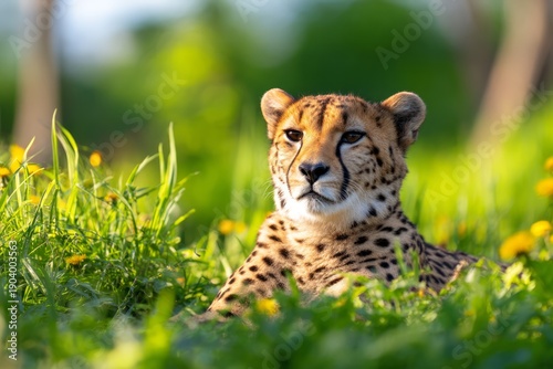 Cheetah Resting on Grass After Sprinting with Heaving Chest in Bright Green Environment