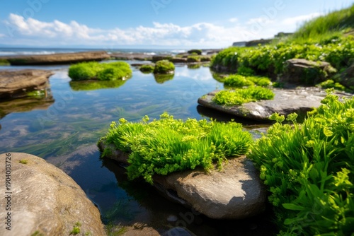 Exposed Coastal Tide Pools with Vibrant Green Algae at Extreme Low Tide Under Clear Sky