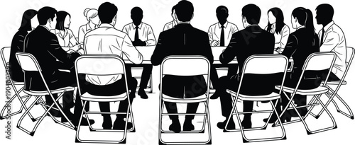 Black silhouette of business people sitting at a large conference table for a professional corporate meeting in an office environment.