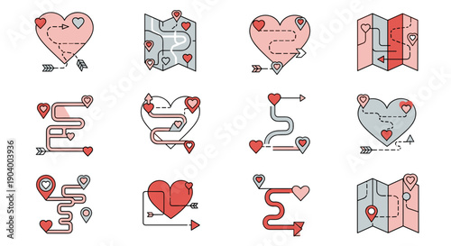 Collection of Heart Illustrations with Arrows.