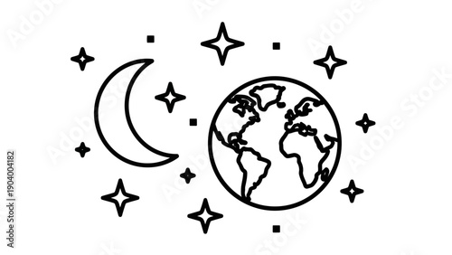 Earth Planet with Moon and Stars.