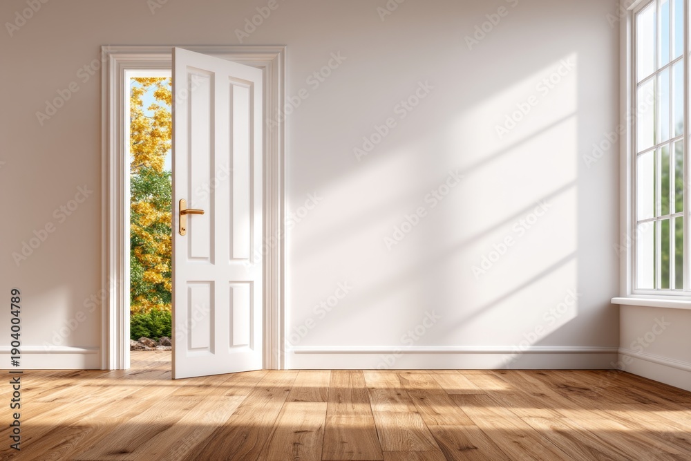 Fototapeta premium Half Open Door Revealing Light in Empty Room with Natural Outdoor Scenic View