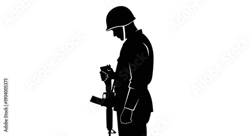 Silhouette of Soldier with Rifle Standing.