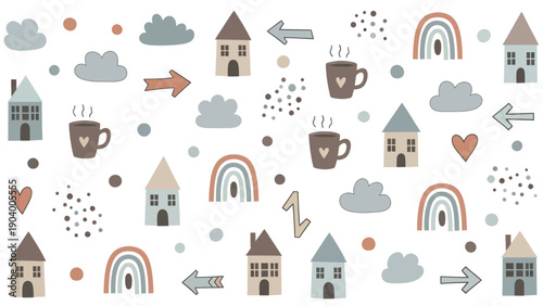 Charming Collection of Cute Houses and Rainbows with Cozy Elements.