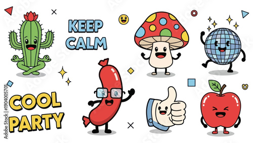 Collection of cheerful cartoon characters and playful text phrases.