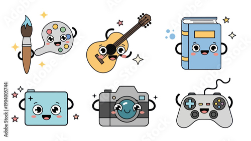 Collection of cute cartoon objects with faces, including art supplies, musical instrument, book, cameras, and game controller.