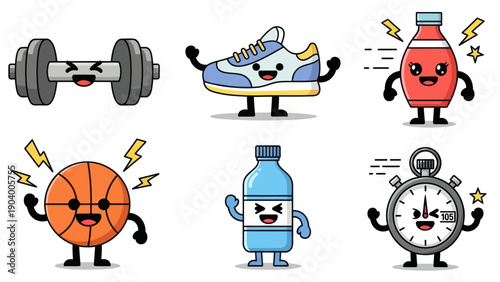 Collection of Cute Cartoon Sports and Fitness Equipment Characters.