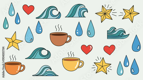 Collection of cute cartoon style icons representing water drops hearts stars waves and coffee cups.