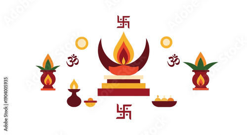 Vector illustration of a traditional Hindu altar with lamp, swastika, om symbol, and other religious items for Maharishi Dayanand Saraswati Jayanti or Hindu festivals.