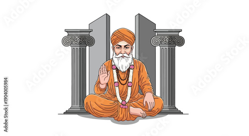 Illustration of Maharishi Dayanand Saraswati in traditional Indian attire sitting in meditation, surrounded by pillars, celebrating Indian culture and Hinduism.