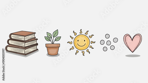 Collection of hand drawn icons representing knowledge nature happiness and connection.