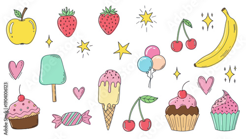 Colorful Hand-Drawn Collection of Sweet Treats and Fresh Fruits.